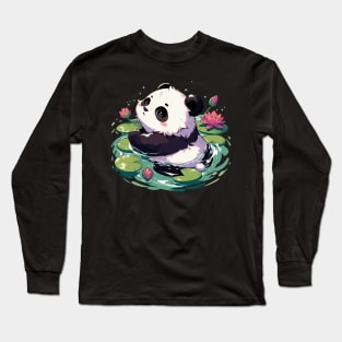 Cute Anime Panda Bear Bath With Water Lily Long Sleeve T-Shirt